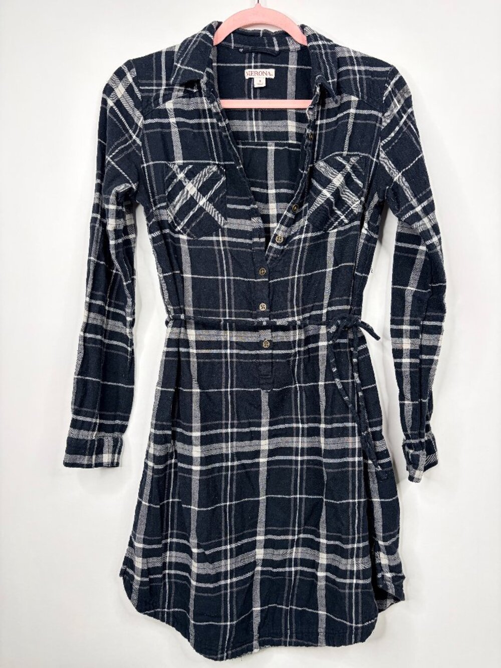 2/$30 Merona Plaid Flannel Belted Shirt Dress Navy Small #A3620 - Picture 3 of 8